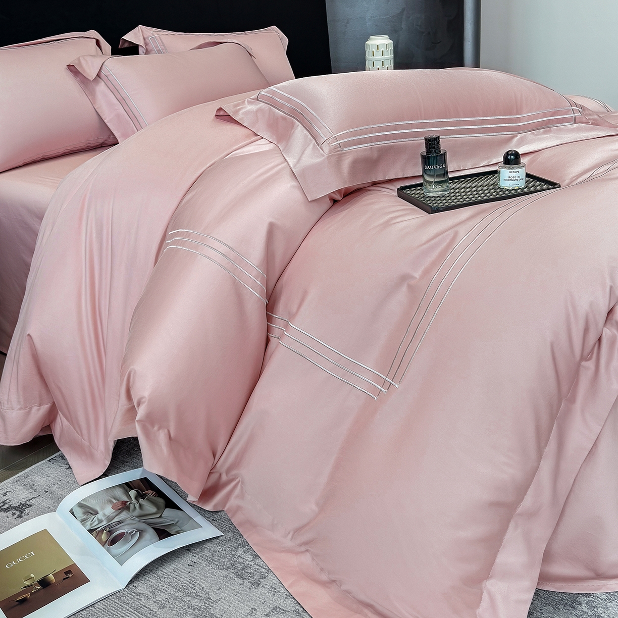 91家纺网 家纺一手货源 找家纺 星蕴家纺 2026新款贡缎长绒棉纯棉四件套-简爱 简爱-可可粉