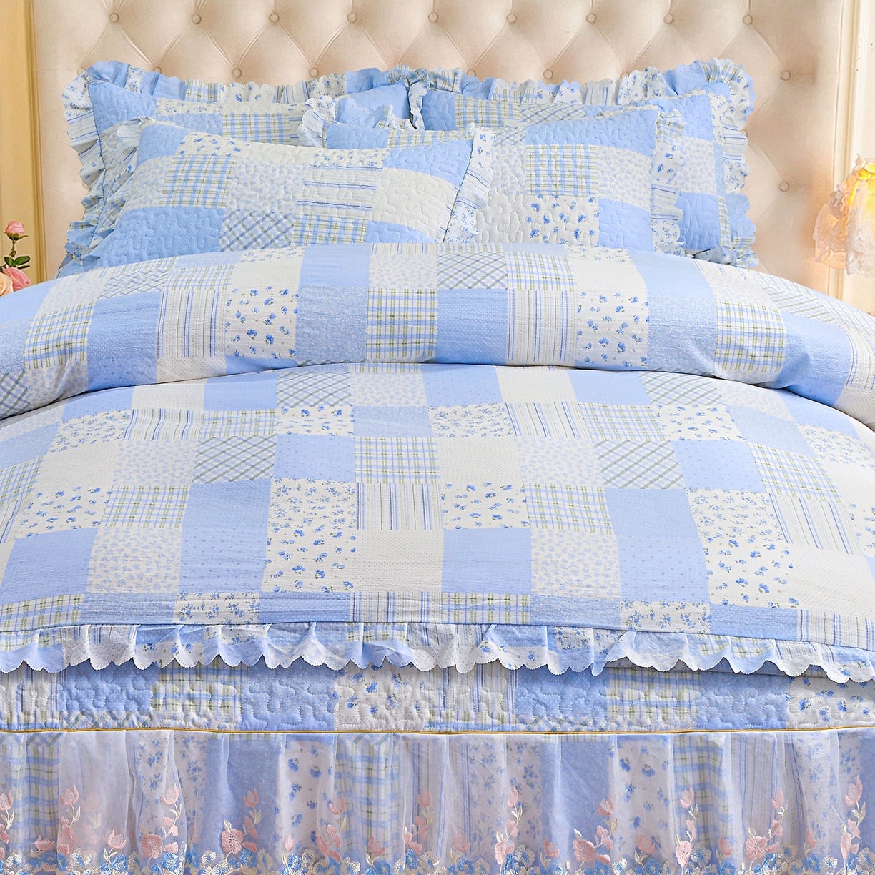 91家纺网 家纺一手货源 找家纺 小雨家纺 2026新款木棉皱皱纱加棉床裙床罩三件套花边被套 2773（云）浅蓝