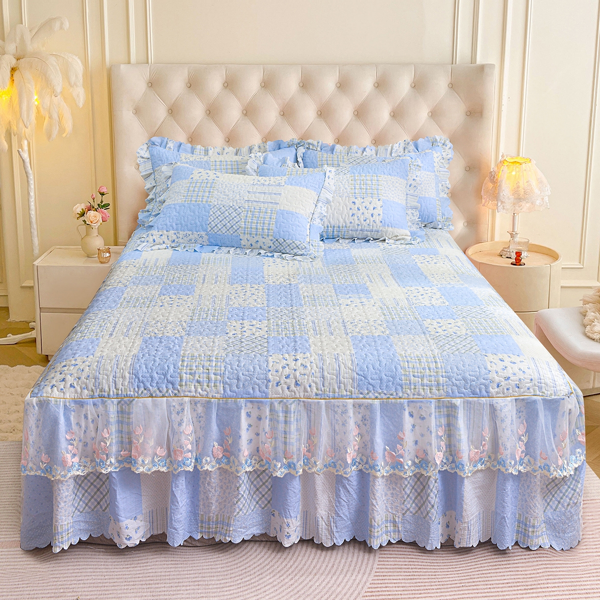 91家纺网 家纺一手货源 找家纺 小雨家纺 2026新款木棉皱皱纱加棉床裙床罩三件套花边被套 2773（云）浅蓝