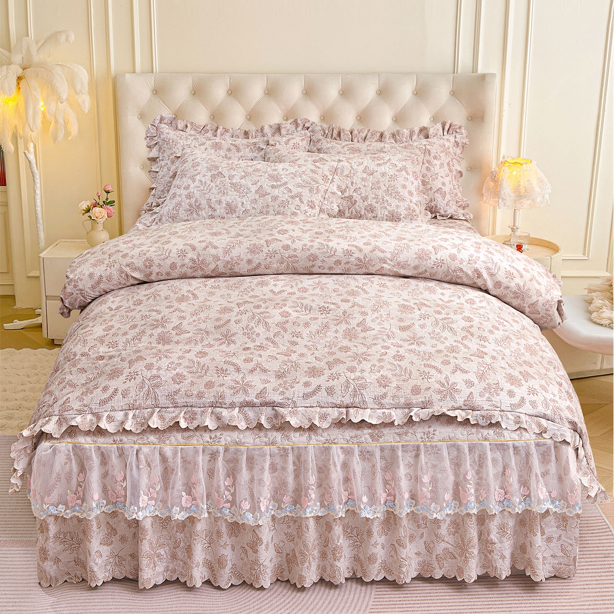 小雨家纺 2026新款木棉皱皱纱加棉床裙床罩三件套花边被套 蝶舞花间-咖