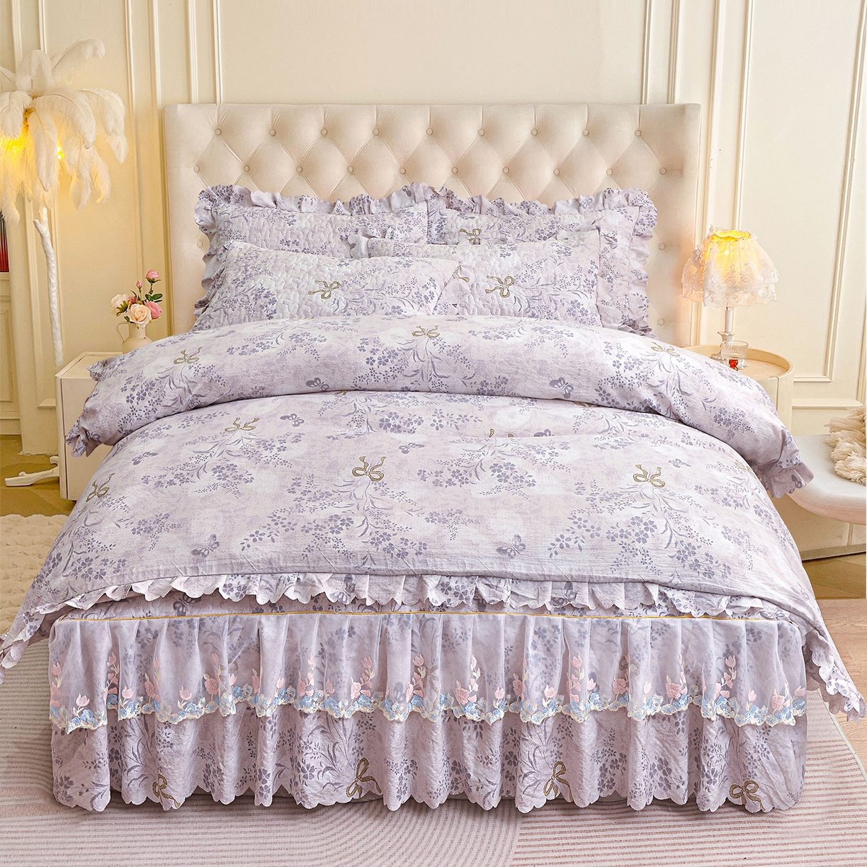 91家纺网 家纺一手货源 找家纺 （总）小雨家纺 2026新款木棉皱皱纱加棉床裙床罩三件套花边被套