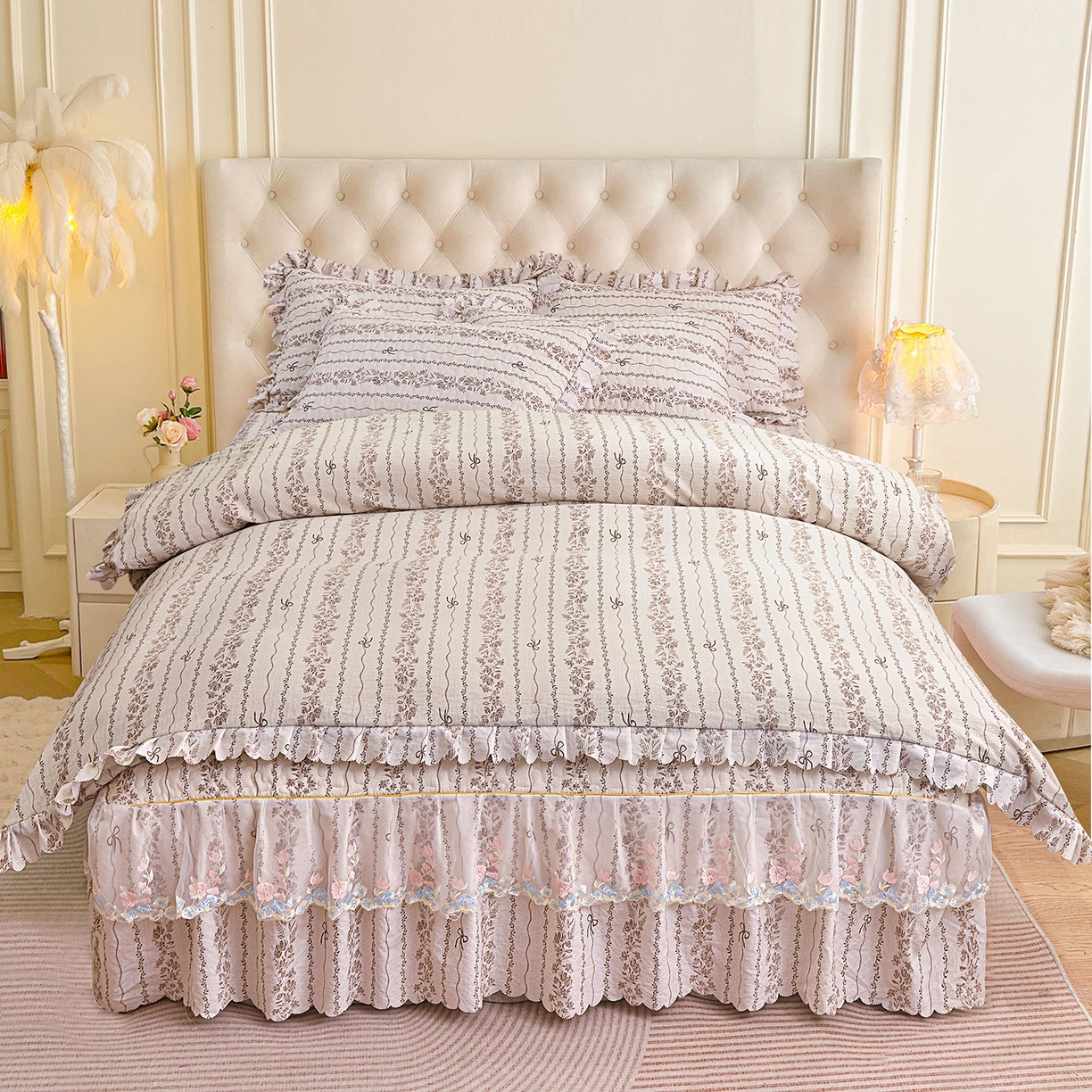 小雨家纺 2026新款木棉皱皱纱加棉床裙床罩三件套花边被套 漫时光