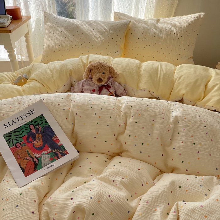 91家纺网 家纺一手货源 找家纺 温眠家纺 2026新款亲肤舒适甄选三层纱印花套件系列四件套 彩波波