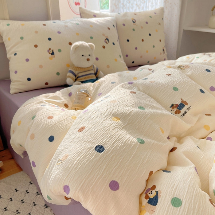 91家纺网 家纺一手货源 找家纺 温眠家纺 2026新款亲肤舒适甄选三层纱印花套件系列四件套 糖豆腊肠狗