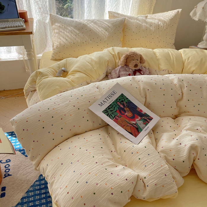 91家纺网 家纺一手货源 找家纺 温眠家纺 2026新款亲肤舒适甄选三层纱印花套件系列四件套 彩波波