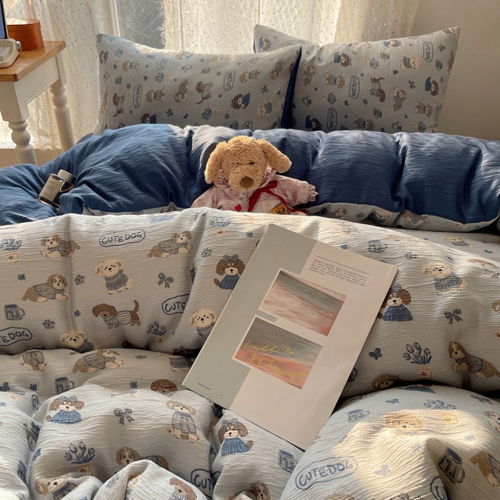 91家纺网 家纺一手货源 找家纺 温眠家纺 2026新款亲肤舒适甄选三层纱印花套件系列四件套 复古修狗