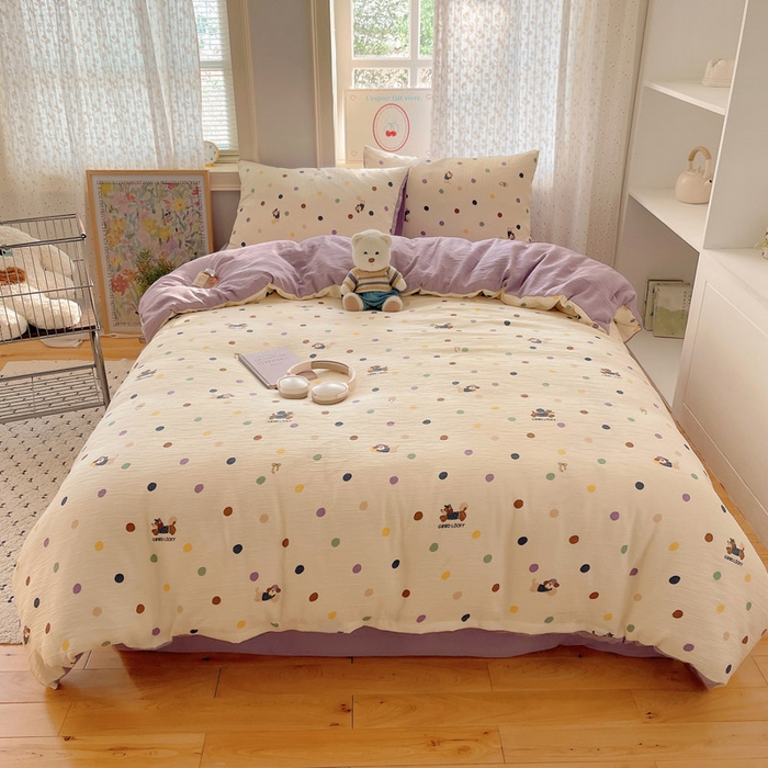 91家纺网 家纺一手货源 找家纺 温眠家纺 2026新款亲肤舒适甄选三层纱印花套件系列四件套 糖豆腊肠狗