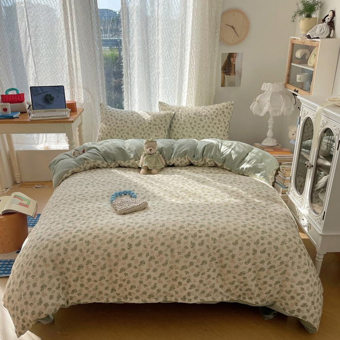 91家纺网 家纺一手货源 找家纺 温眠家纺 2026新款亲肤舒适甄选三层纱印花套件系列四件套 沐风