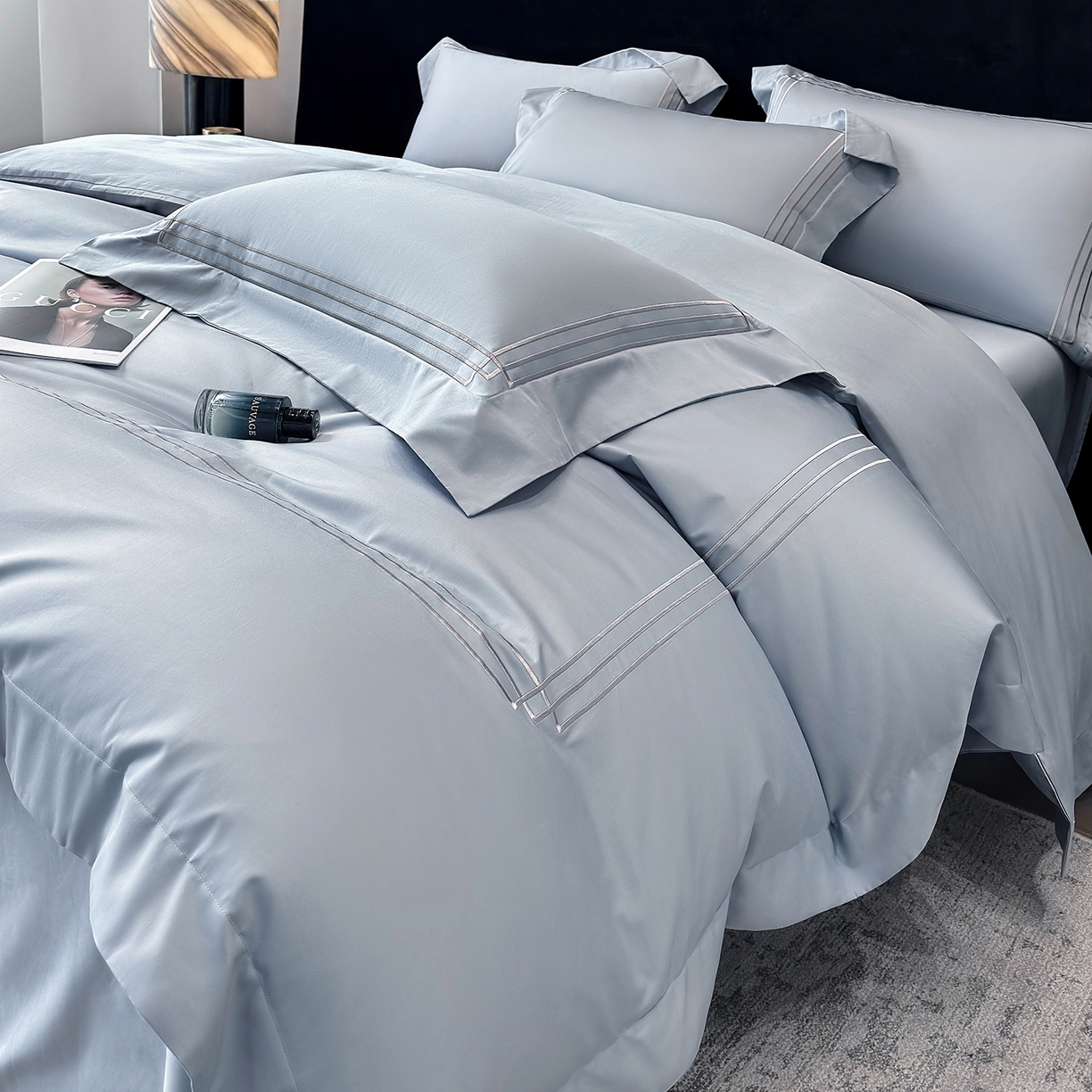 91家纺网 家纺一手货源 找家纺 星蕴家纺 2026新款贡缎长绒棉纯棉四件套-简爱 简爱-云山蓝