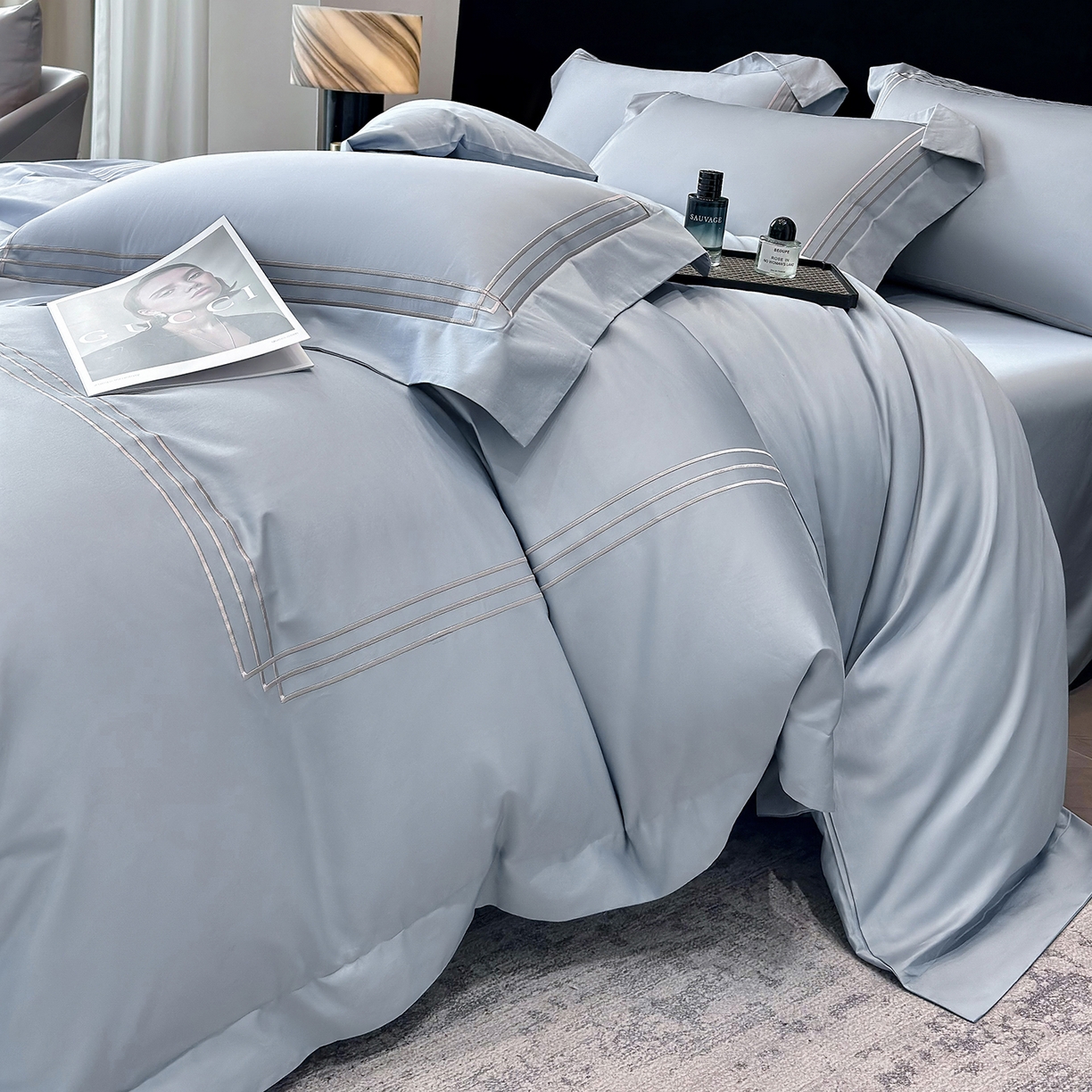 91家纺网 家纺一手货源 找家纺 星蕴家纺 2026新款贡缎长绒棉纯棉四件套-简爱 简爱-云山蓝