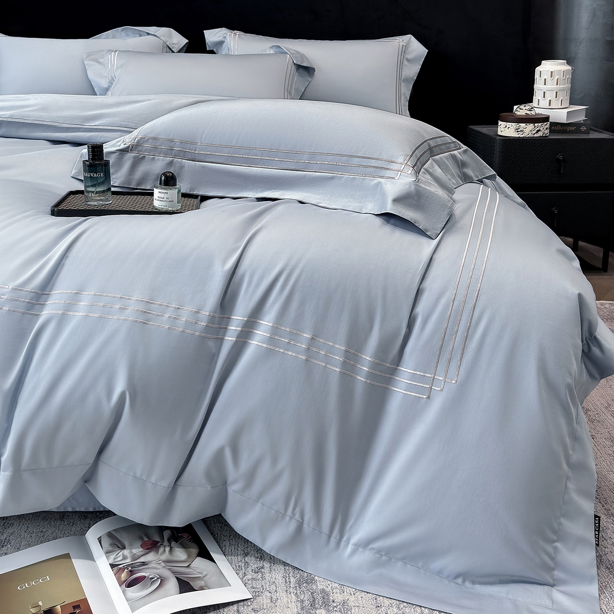 91家纺网 家纺一手货源 找家纺 星蕴家纺 2026新款贡缎长绒棉纯棉四件套-简爱 简爱-云山蓝