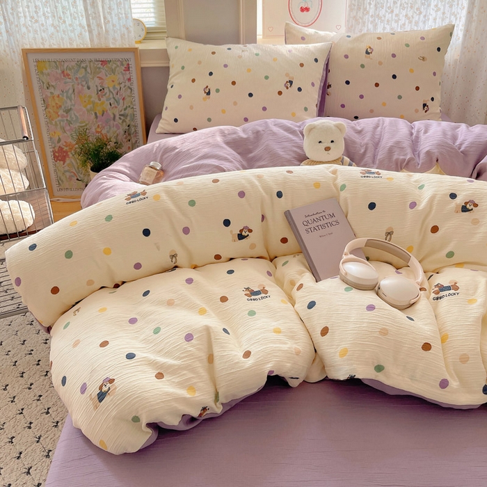 91家纺网 家纺一手货源 找家纺 温眠家纺 2026新款亲肤舒适甄选三层纱印花套件系列四件套 糖豆腊肠狗