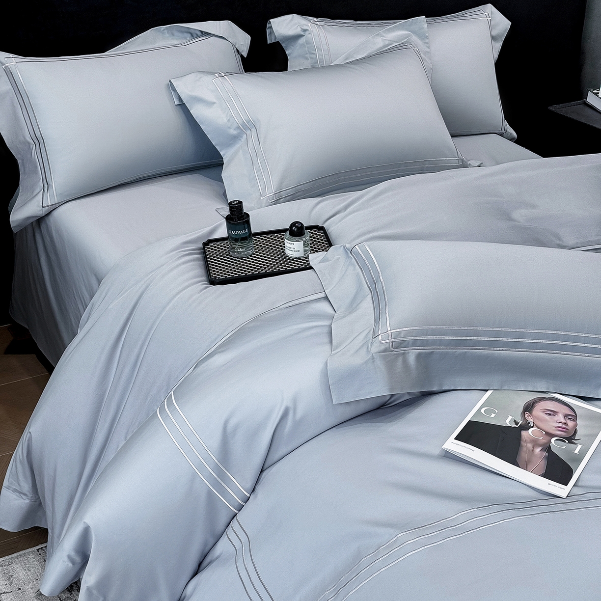 91家纺网 家纺一手货源 找家纺 星蕴家纺 2026新款贡缎长绒棉纯棉四件套-简爱 简爱-云山蓝