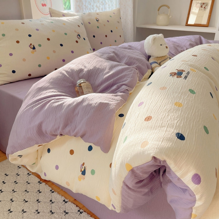 91家纺网 家纺一手货源 找家纺 温眠家纺 2026新款亲肤舒适甄选三层纱印花套件系列四件套 糖豆腊肠狗