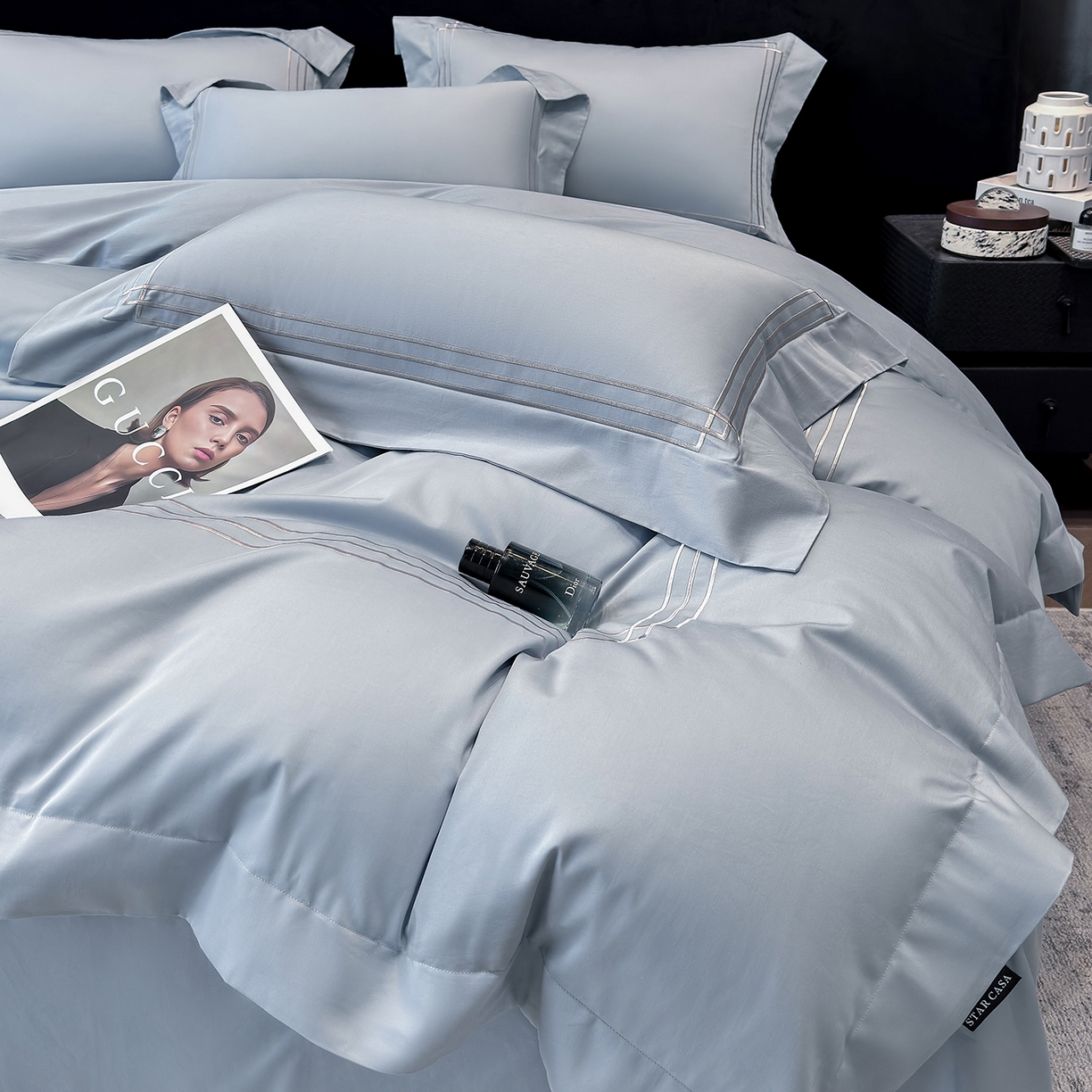 91家纺网 家纺一手货源 找家纺 星蕴家纺 2026新款贡缎长绒棉纯棉四件套-简爱 简爱-云山蓝