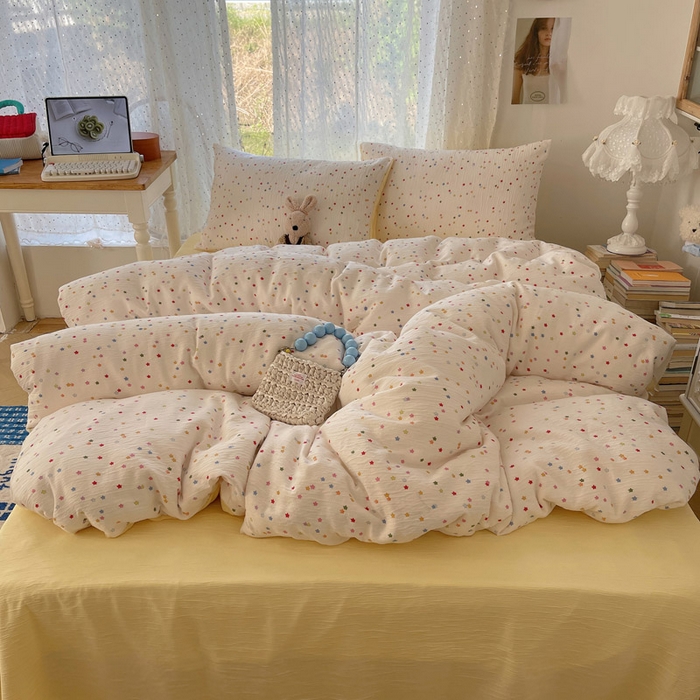 91家纺网 家纺一手货源 找家纺 温眠家纺 2026新款亲肤舒适甄选三层纱印花套件系列四件套 幸运星