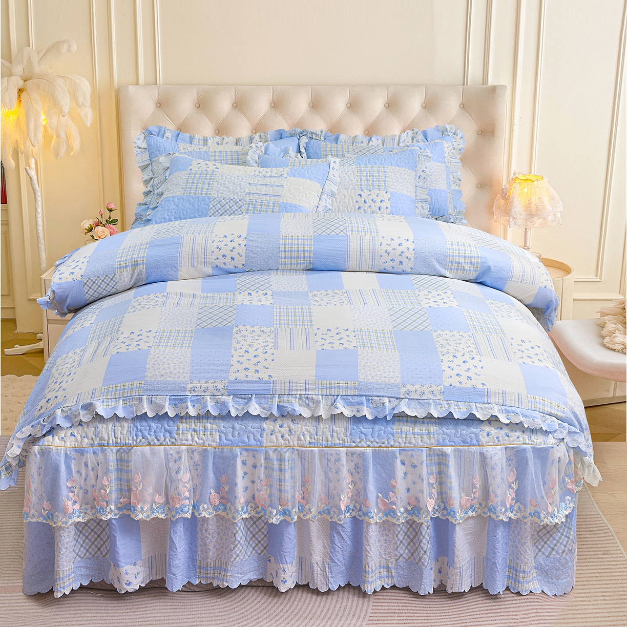 91家纺网 家纺一手货源 找家纺 （总）小雨家纺 2026新款木棉皱皱纱加棉床裙床罩三件套花边被套