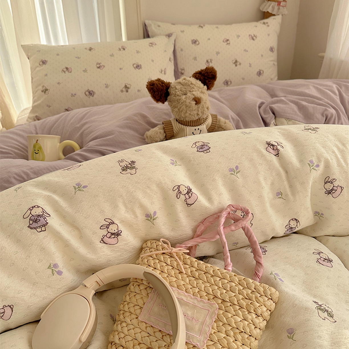 91家纺网 家纺一手货源 找家纺 （总）温眠家纺 2026新款敲可爱的奶呼呼云感双层纱简约四件套系列-超级治愈~