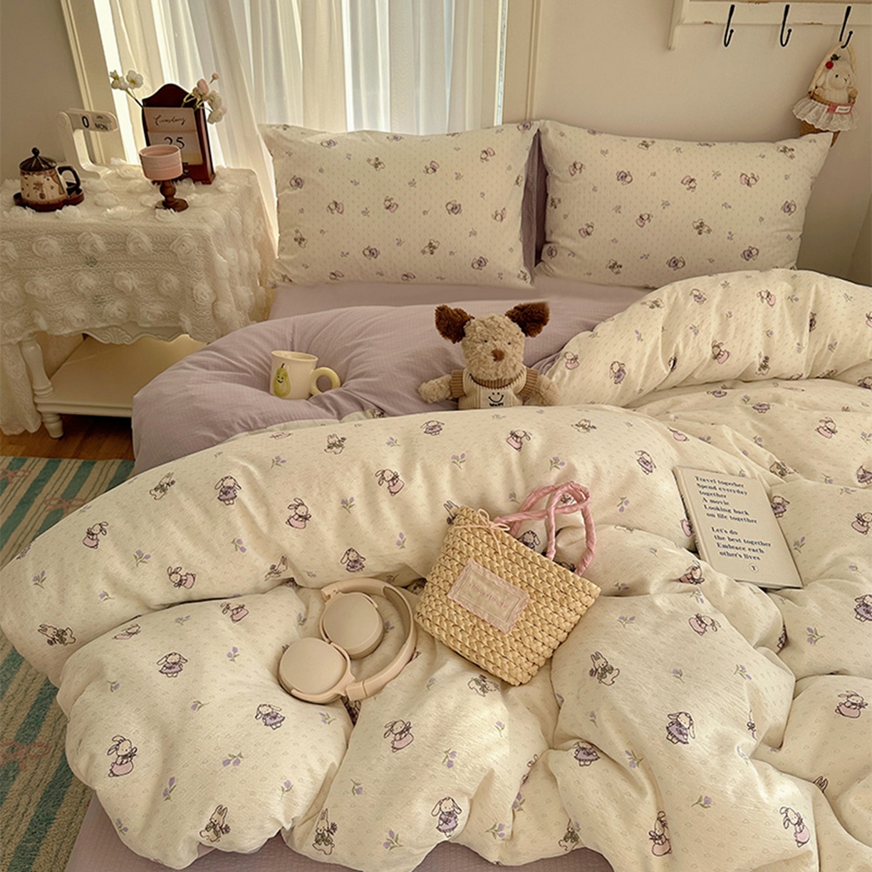 91家纺网 家纺一手货源 找家纺 （总）温眠家纺 2026新款敲可爱的奶呼呼云感双层纱简约四件套系列-超级治愈~