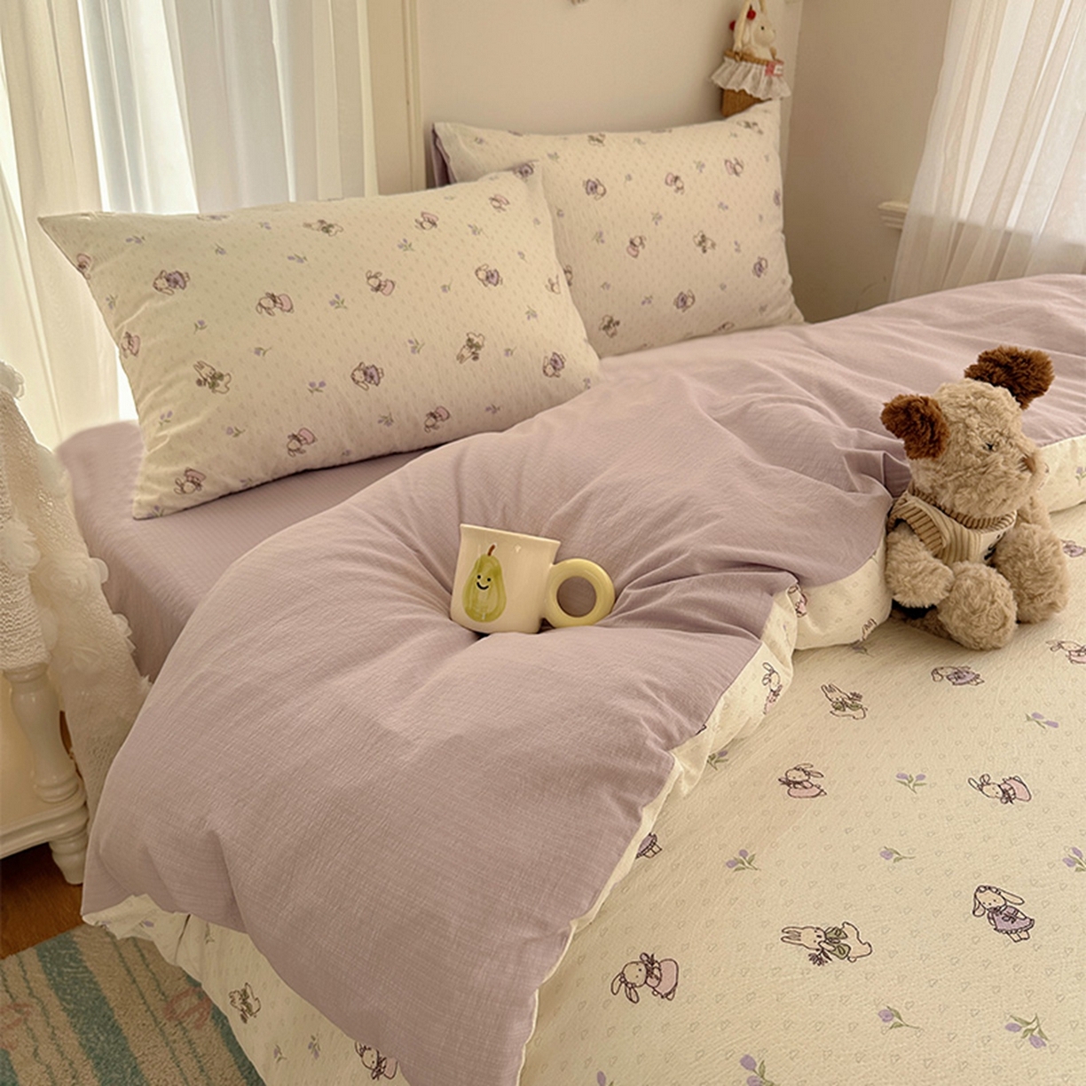 91家纺网 家纺一手货源 找家纺 （总）温眠家纺 2026新款敲可爱的奶呼呼云感双层纱简约四件套系列-超级治愈~