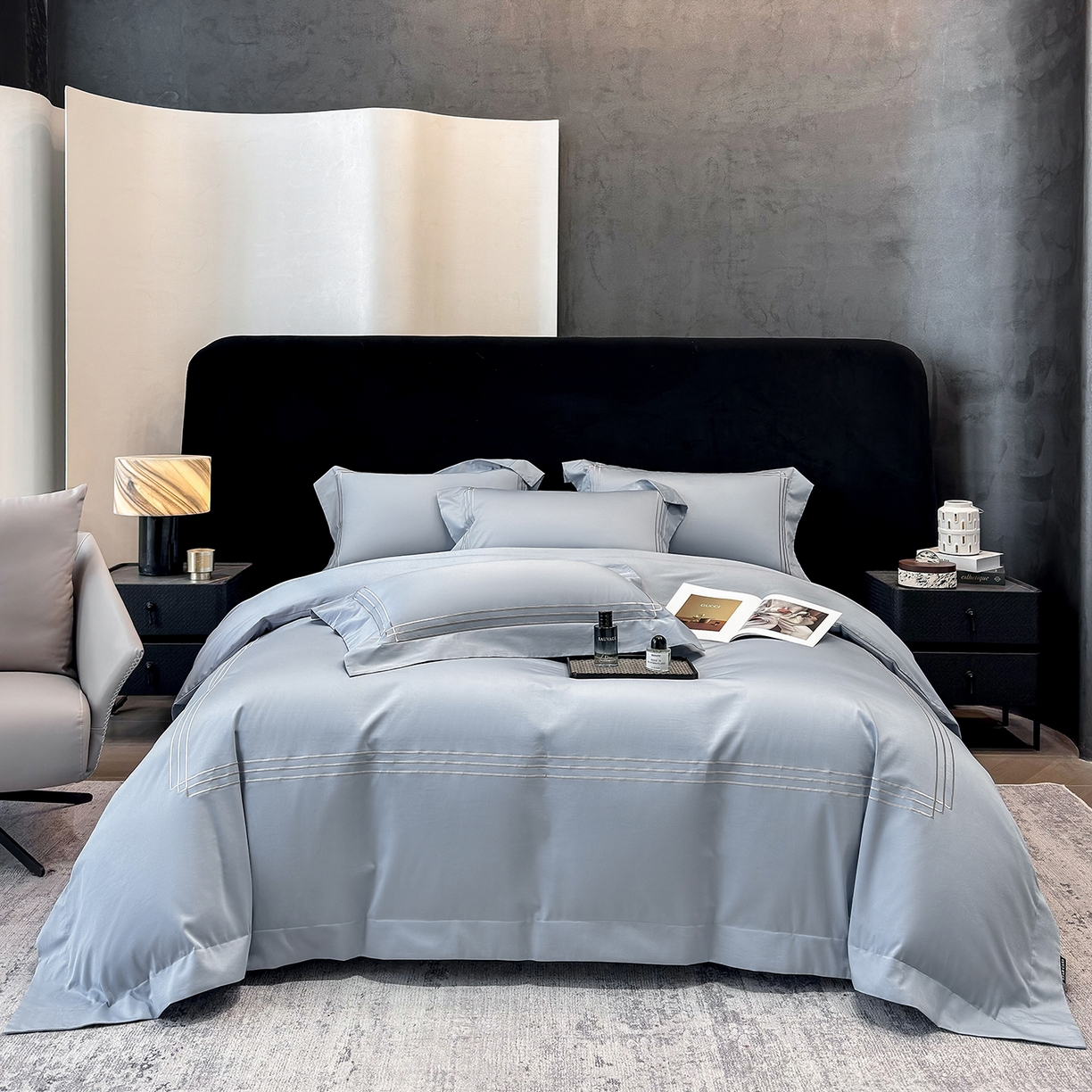 91家纺网 家纺一手货源 找家纺 星蕴家纺 2026新款贡缎长绒棉纯棉四件套-简爱 简爱-云山蓝