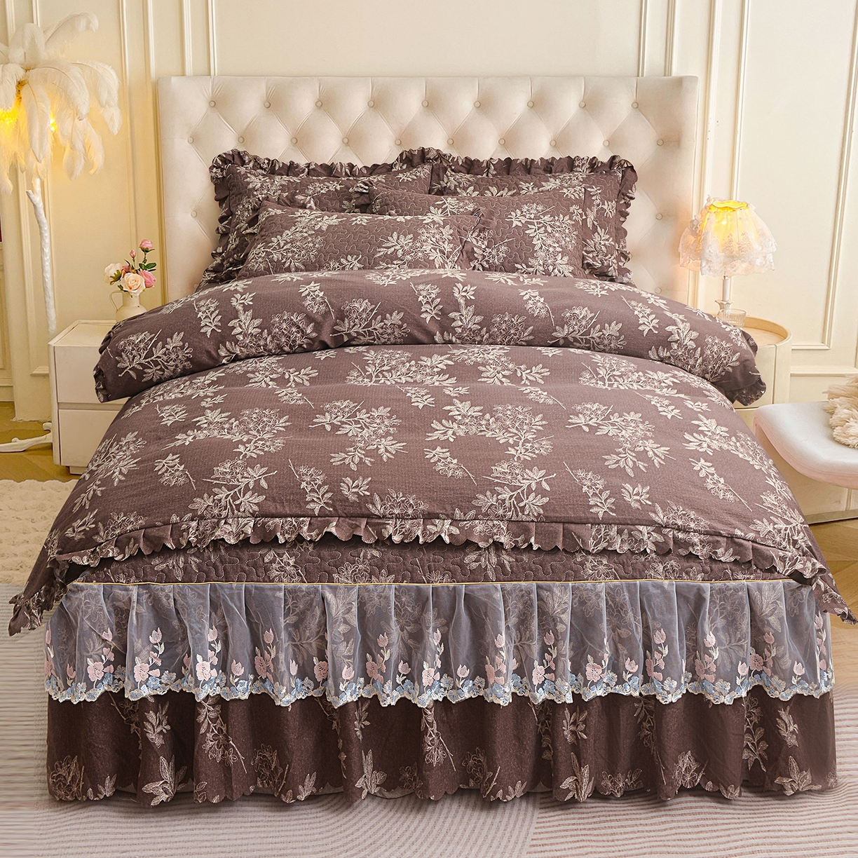 91家纺网 家纺一手货源 找家纺 （总）小雨家纺 2026新款木棉皱皱纱加棉床裙床罩三件套花边被套