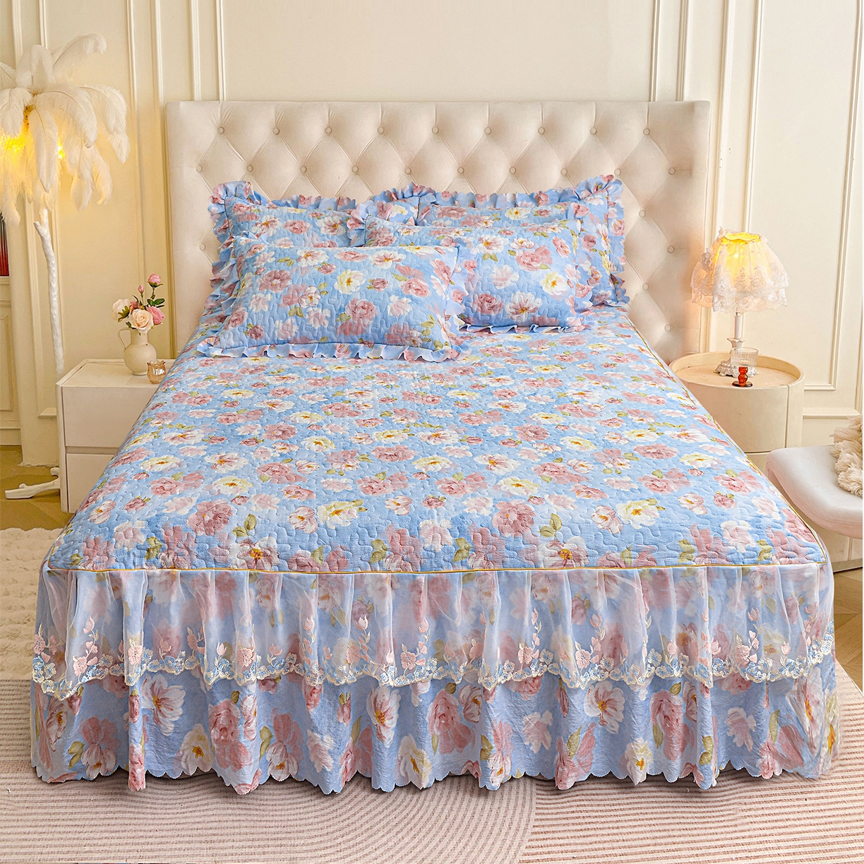 91家纺网 家纺一手货源 找家纺 小雨家纺 2026新款木棉皱皱纱加棉床裙床罩三件套花边被套 山花烂漫-樱花粉