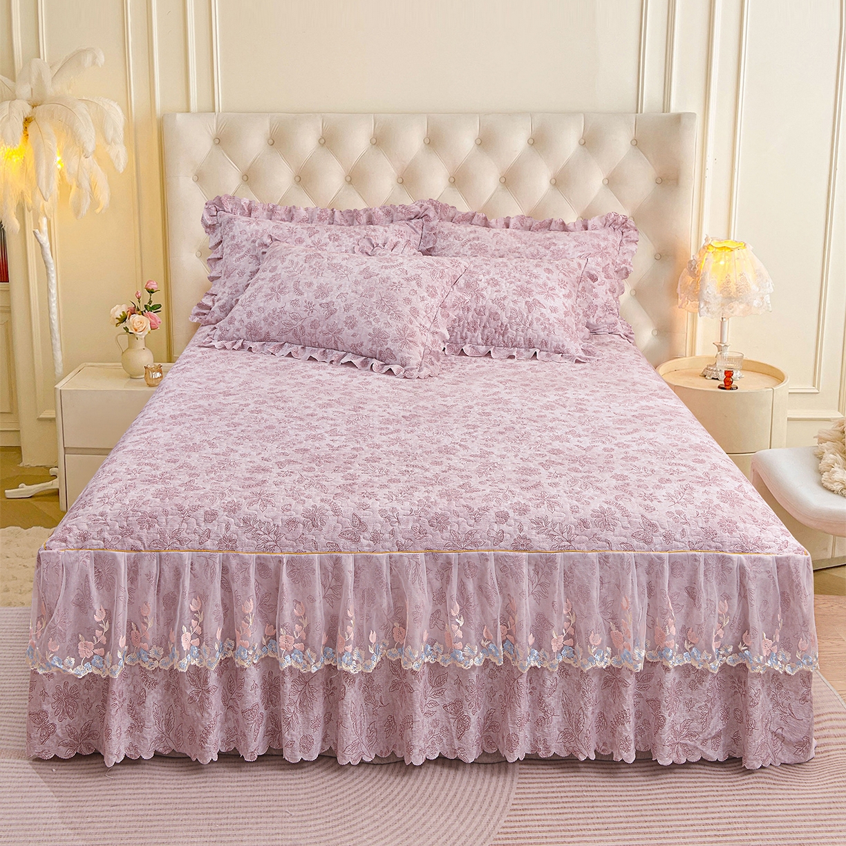 91家纺网 家纺一手货源 找家纺 小雨家纺 2026新款木棉皱皱纱加棉床裙床罩三件套花边被套 蝶舞花间-豆沙