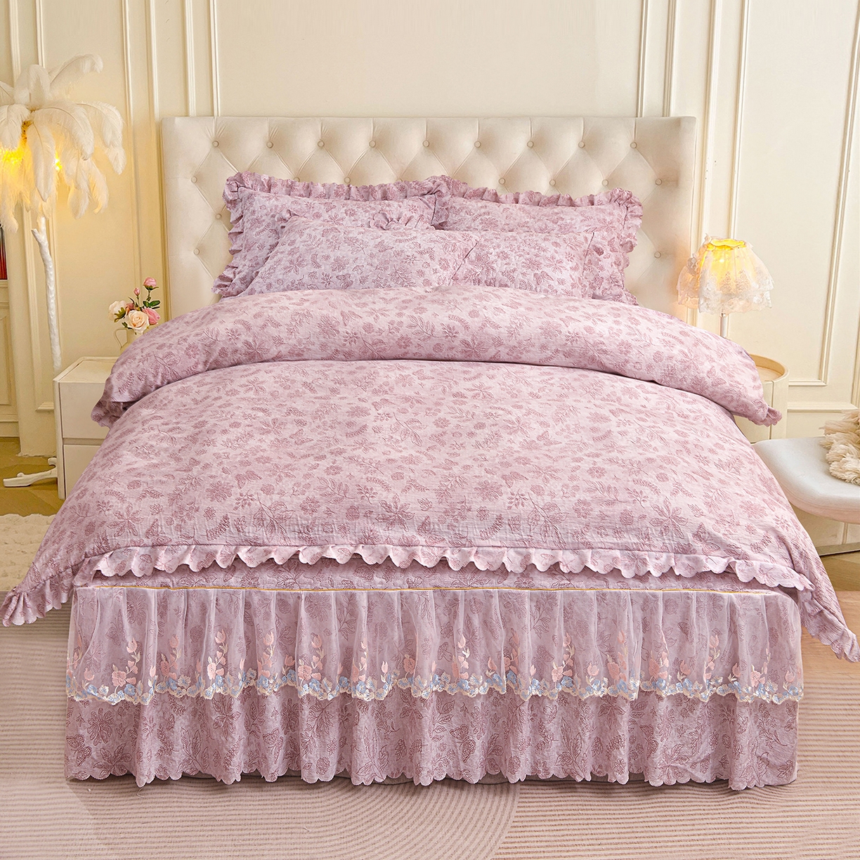 小雨家纺 2026新款木棉皱皱纱加棉床裙床罩三件套花边被套 蝶舞花间-豆沙