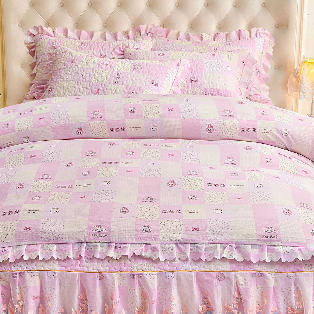 91家纺网 家纺一手货源 找家纺 小雨家纺 2026新款木棉皱皱纱加棉床裙床罩三件套花边被套 粉布布-樱花粉