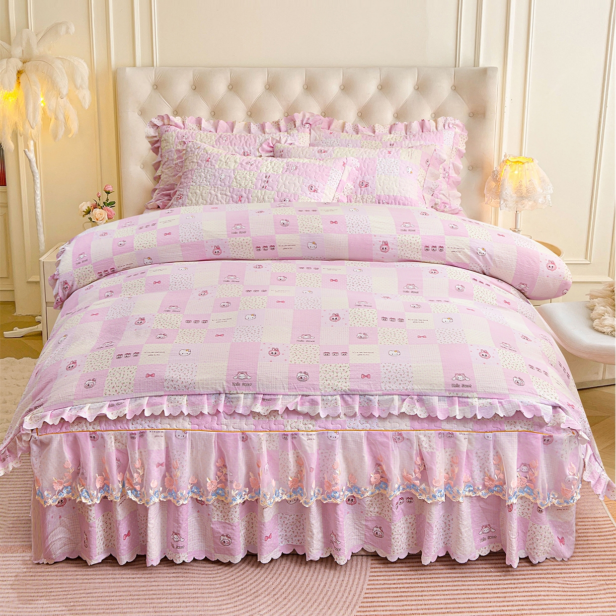 小雨家纺 2026新款木棉皱皱纱加棉床裙床罩三件套花边被套 粉布布-樱花粉