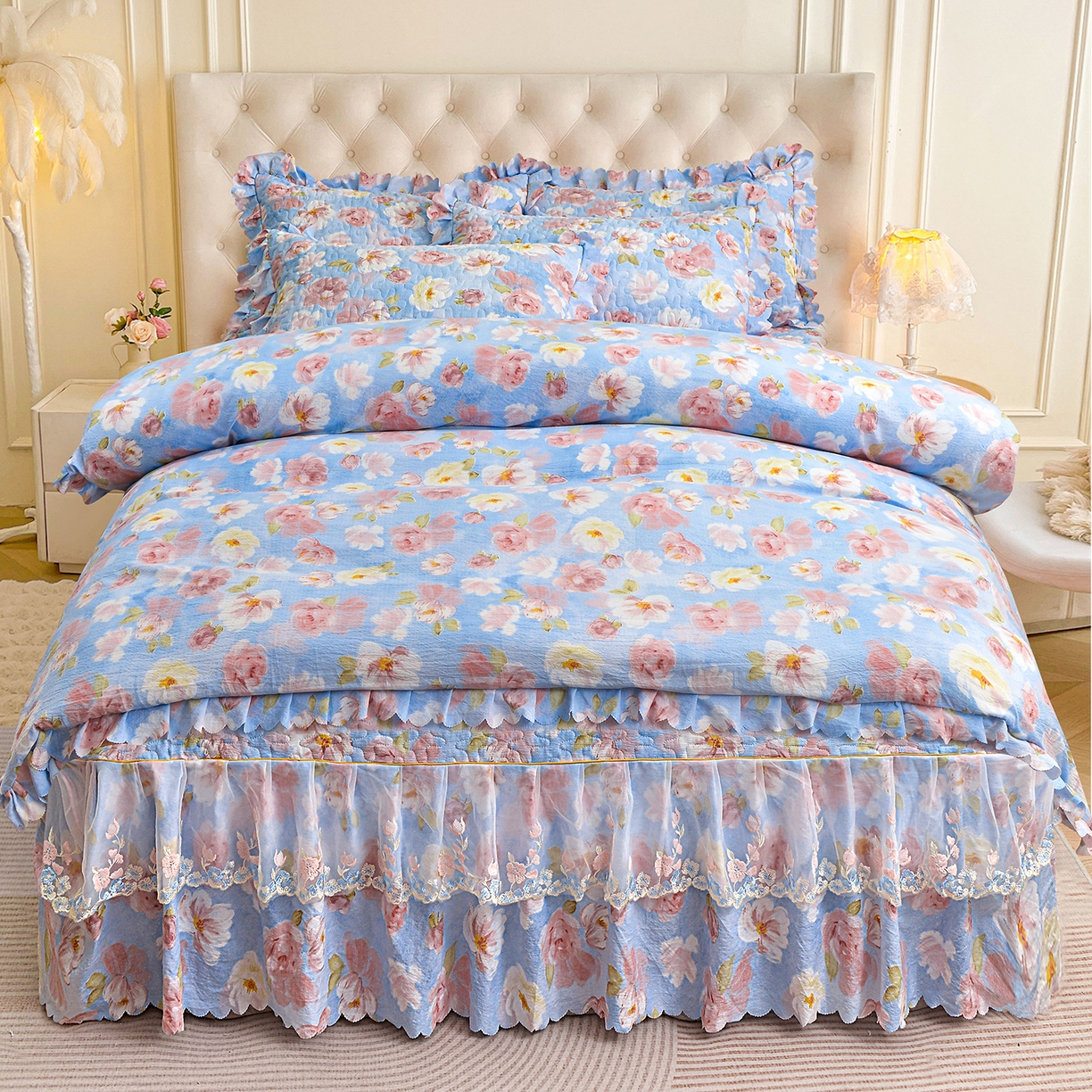 91家纺网 家纺一手货源 找家纺 （总）小雨家纺 2026新款木棉皱皱纱加棉床裙床罩三件套花边被套