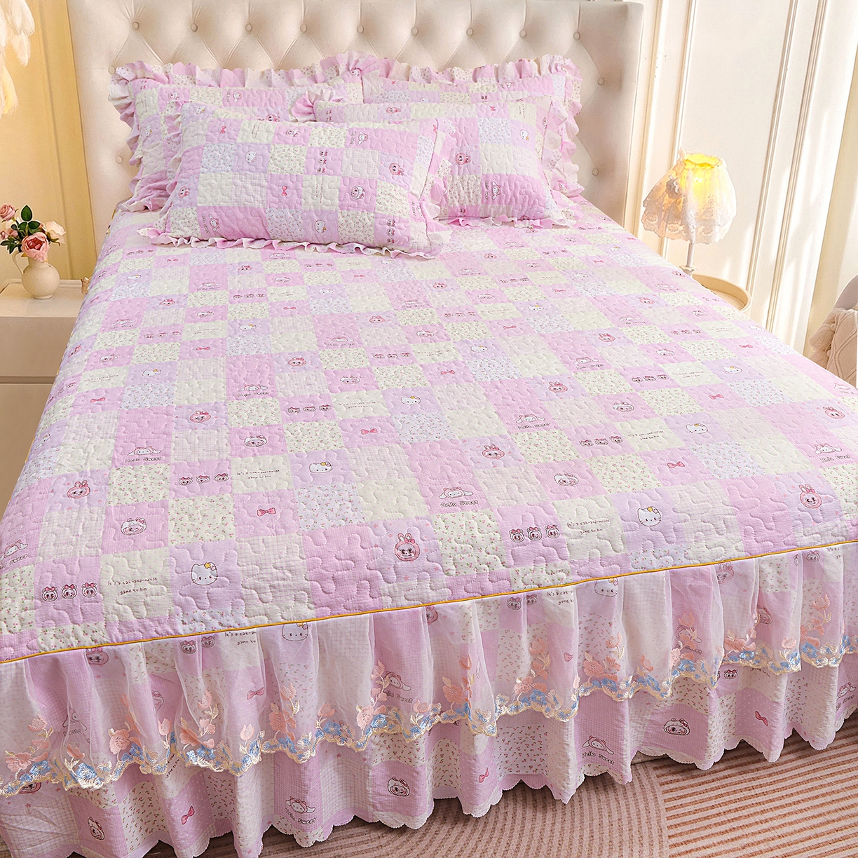 91家纺网 家纺一手货源 找家纺 小雨家纺 2026新款木棉皱皱纱加棉床裙床罩三件套花边被套 粉布布-樱花粉