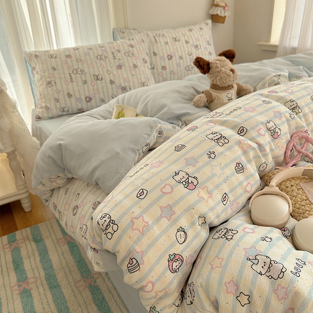 91家纺网 家纺一手货源 找家纺 （总）温眠家纺 2026新款敲可爱的奶呼呼云感双层纱简约四件套系列-超级治愈~