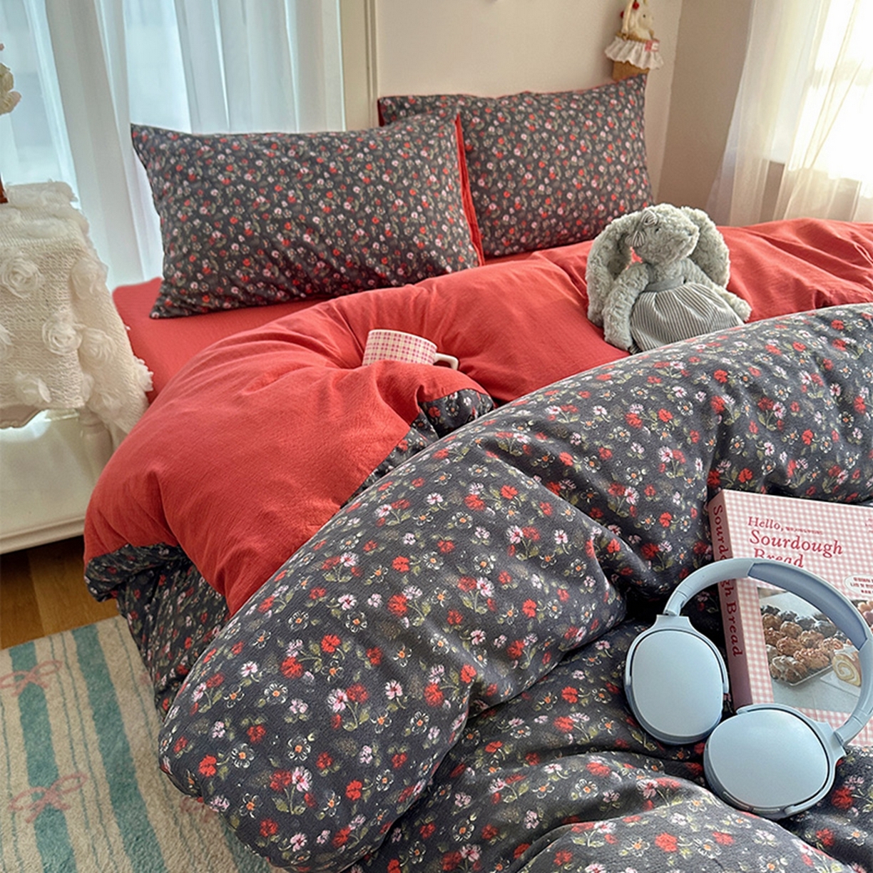 温眠家纺 2026新款敲可爱的奶呼呼云感双层纱简约四件套系列-超级治愈~ 暗夜玫瑰