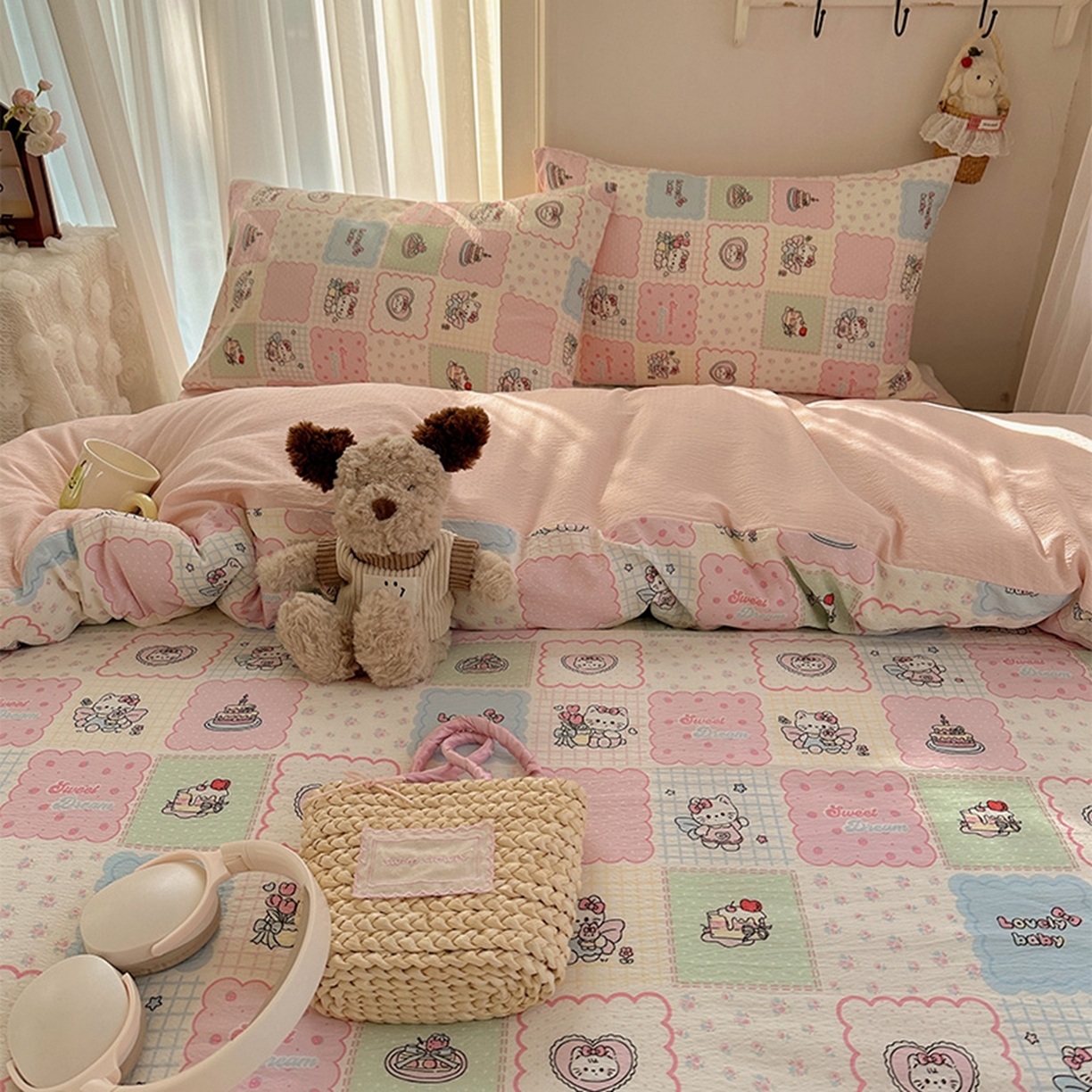 91家纺网 家纺一手货源 找家纺 温眠家纺 2026新款敲可爱的奶呼呼云感双层纱简约四件套系列-超级治愈~ 蛋糕派