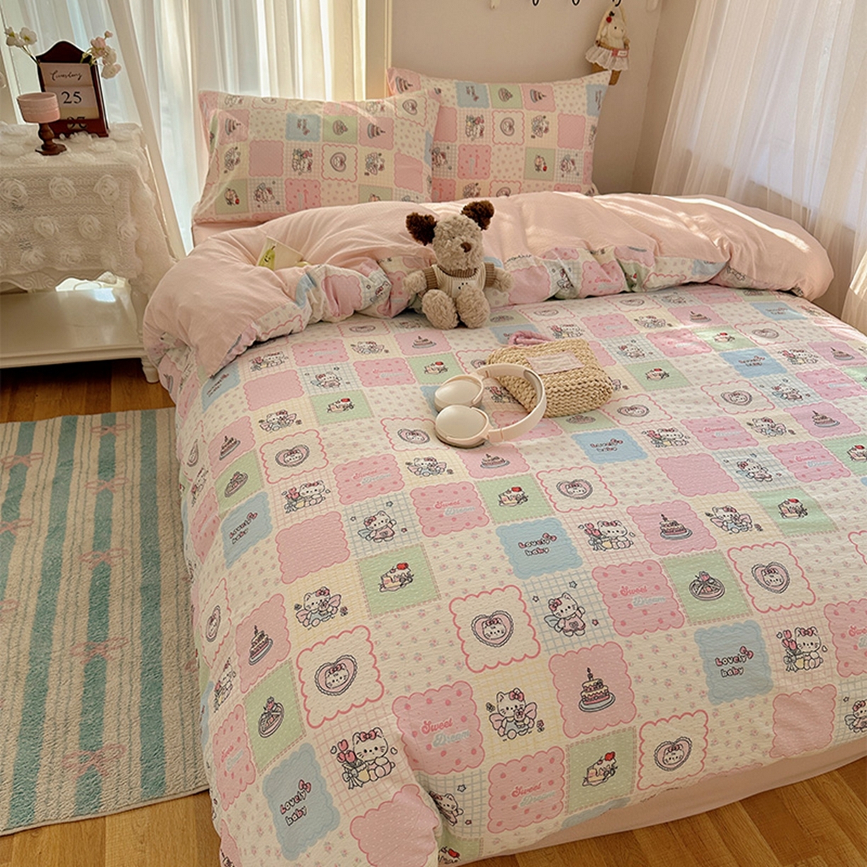 91家纺网 家纺一手货源 找家纺 温眠家纺 2026新款敲可爱的奶呼呼云感双层纱简约四件套系列-超级治愈~ 蛋糕派