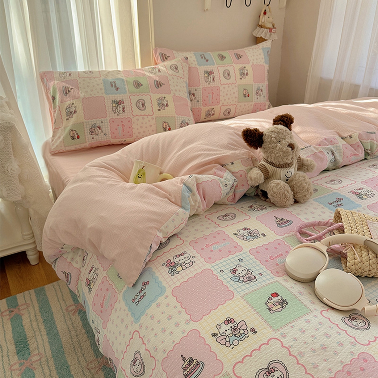 91家纺网 家纺一手货源 找家纺 温眠家纺 2026新款敲可爱的奶呼呼云感双层纱简约四件套系列-超级治愈~ 蛋糕派