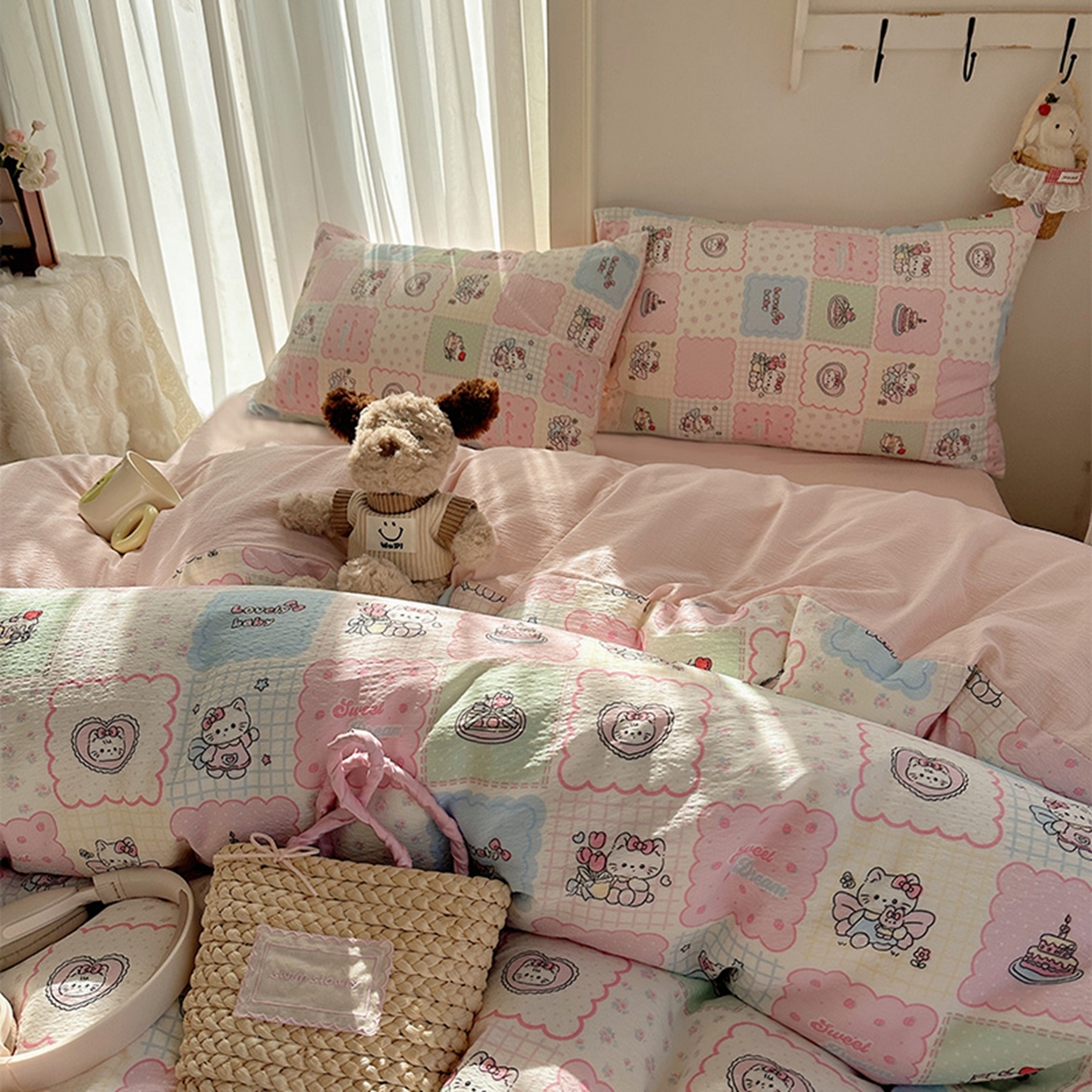 91家纺网 家纺一手货源 找家纺 温眠家纺 2026新款敲可爱的奶呼呼云感双层纱简约四件套系列-超级治愈~ 蛋糕派