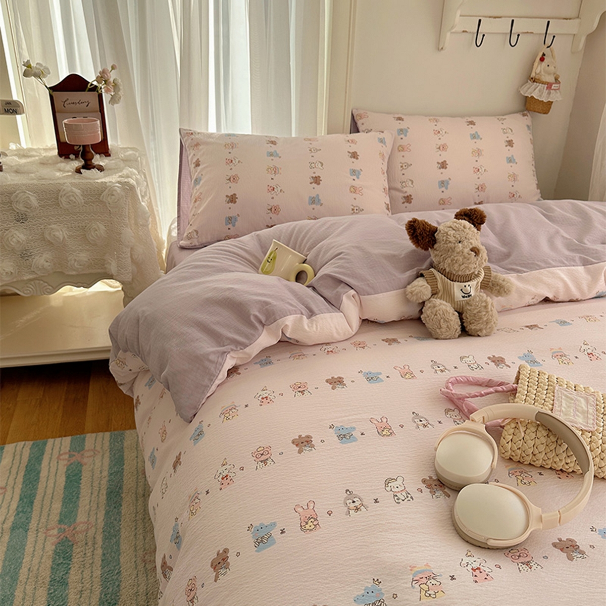 91家纺网 家纺一手货源 找家纺 温眠家纺 2026新款敲可爱的奶呼呼云感双层纱简约四件套系列-超级治愈~ 动物游园