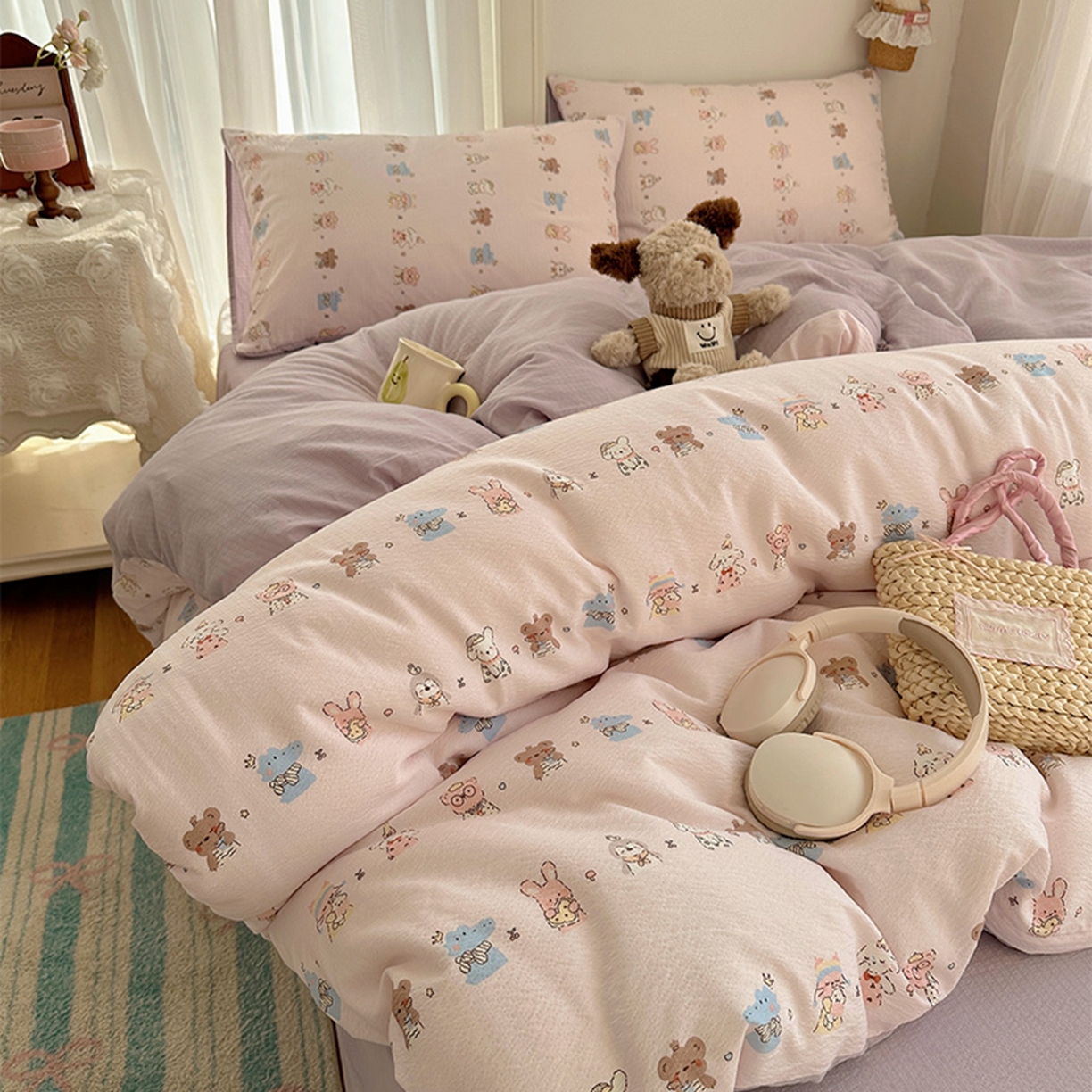 91家纺网 家纺一手货源 找家纺 温眠家纺 2026新款敲可爱的奶呼呼云感双层纱简约四件套系列-超级治愈~ 动物游园