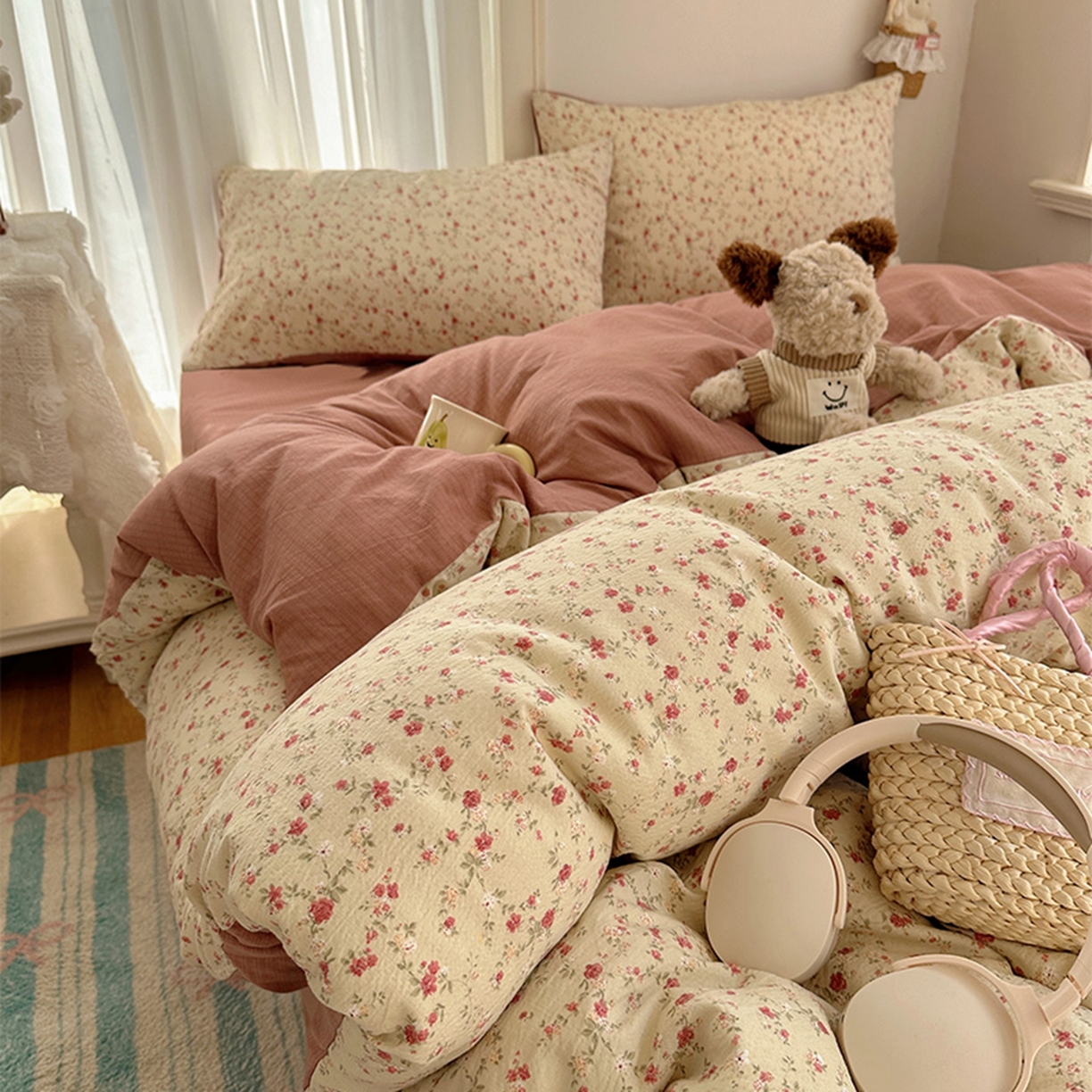 温眠家纺 2026新款敲可爱的奶呼呼云感双层纱简约四件套系列-超级治愈~ 见花则喜