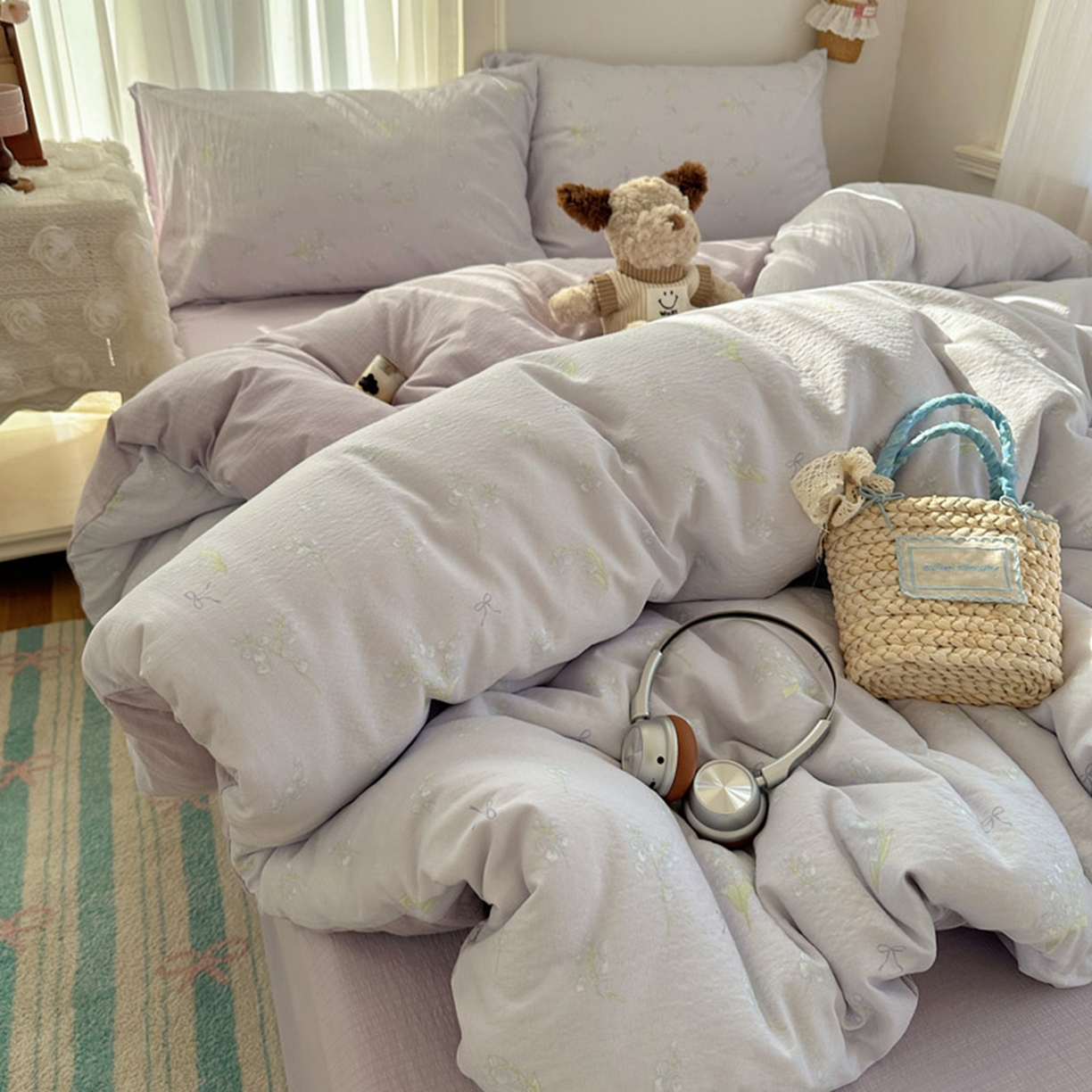 91家纺网 家纺一手货源 找家纺 温眠家纺 2026新款敲可爱的奶呼呼云感双层纱简约四件套系列-超级治愈~ 铃兰结