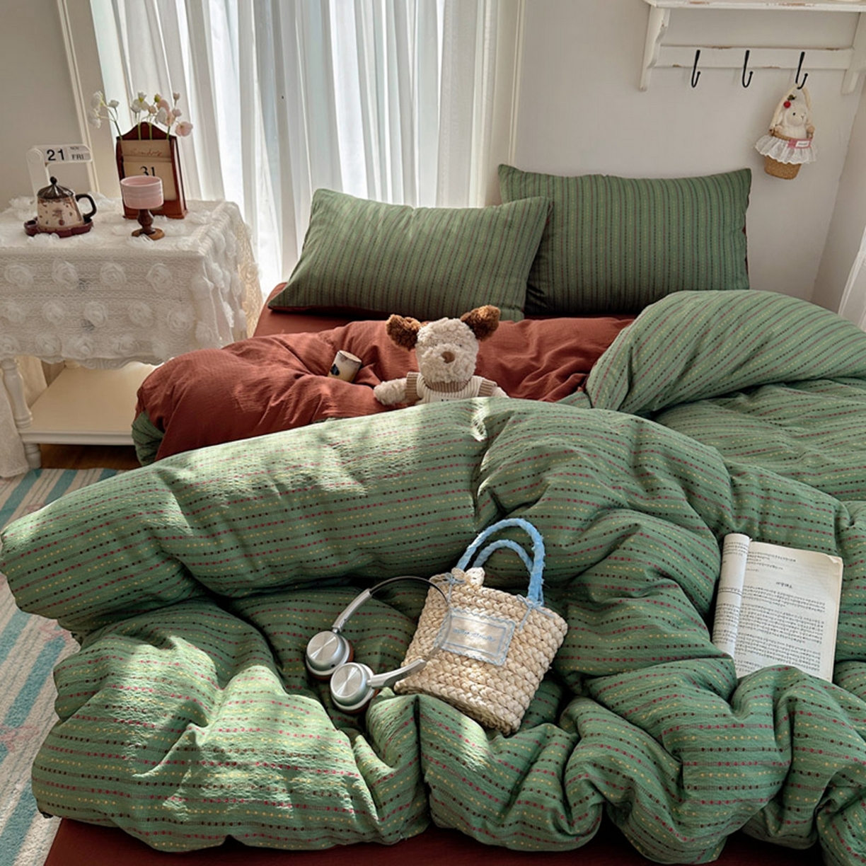 91家纺网 家纺一手货源 找家纺 温眠家纺 2026新款敲可爱的奶呼呼云感双层纱简约四件套系列-超级治愈~ 六子棋-绿