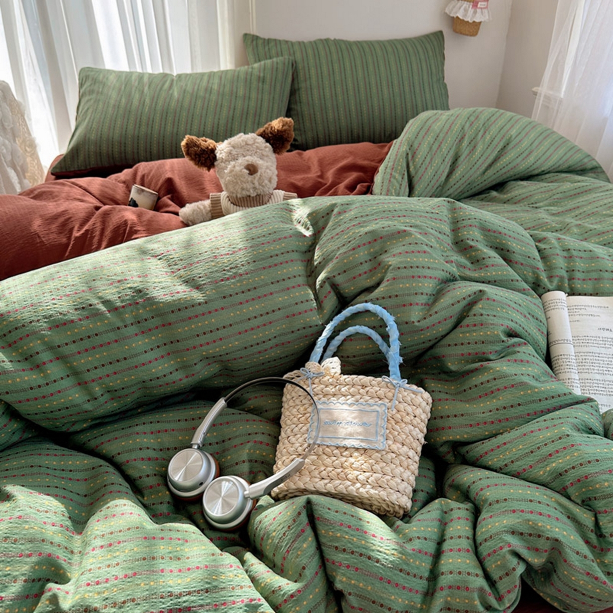 91家纺网 家纺一手货源 找家纺 温眠家纺 2026新款敲可爱的奶呼呼云感双层纱简约四件套系列-超级治愈~ 六子棋-绿