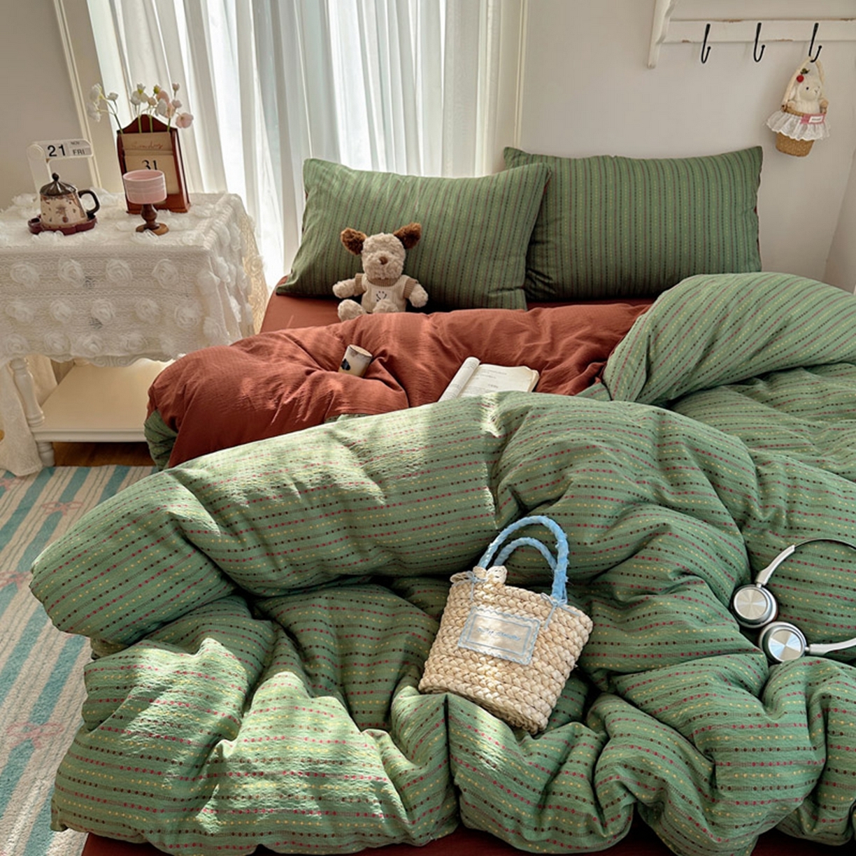 91家纺网 家纺一手货源 找家纺 温眠家纺 2026新款敲可爱的奶呼呼云感双层纱简约四件套系列-超级治愈~ 六子棋-绿