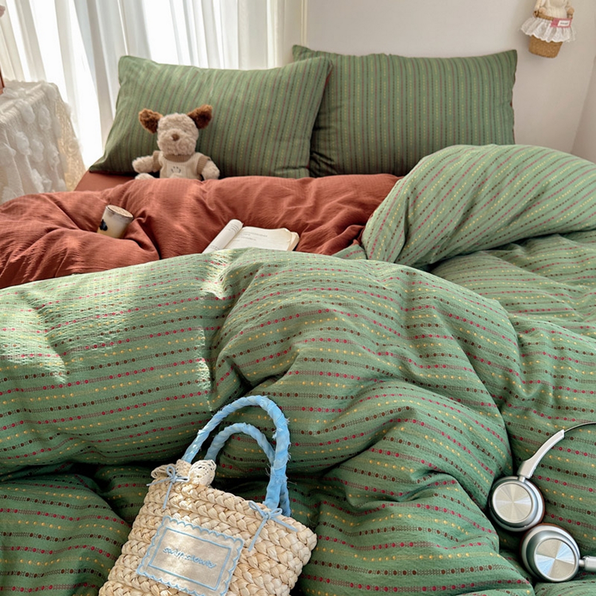 91家纺网 家纺一手货源 找家纺 温眠家纺 2026新款敲可爱的奶呼呼云感双层纱简约四件套系列-超级治愈~ 六子棋-绿