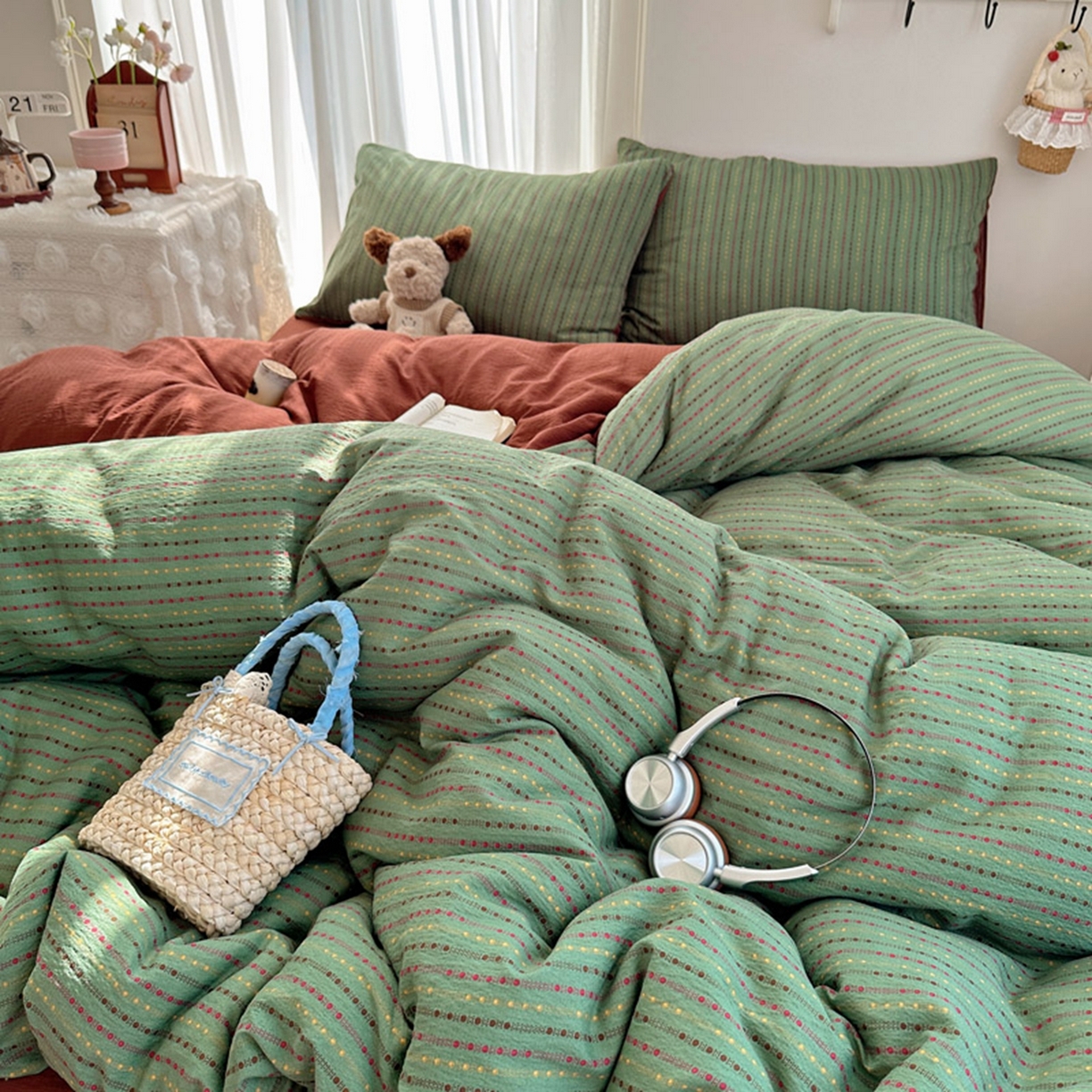 91家纺网 家纺一手货源 找家纺 温眠家纺 2026新款敲可爱的奶呼呼云感双层纱简约四件套系列-超级治愈~ 六子棋-绿