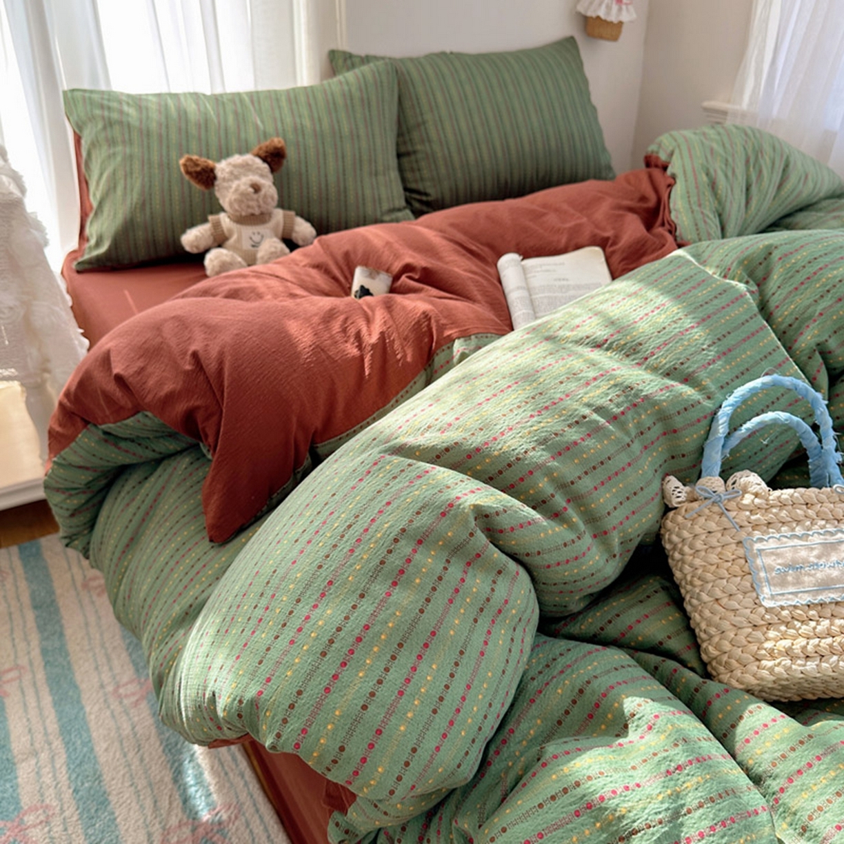 91家纺网 家纺一手货源 找家纺 温眠家纺 2026新款敲可爱的奶呼呼云感双层纱简约四件套系列-超级治愈~ 六子棋-绿