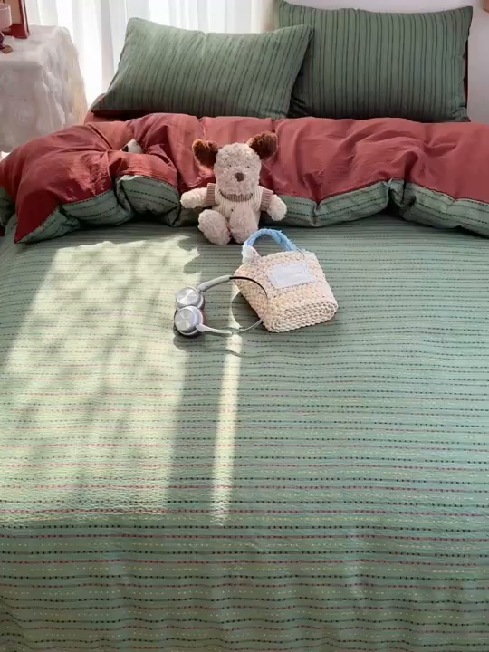 91家纺网 家纺一手货源 找家纺 温眠家纺 2026新款敲可爱的奶呼呼云感双层纱简约四件套系列-超级治愈~ 六子棋-绿